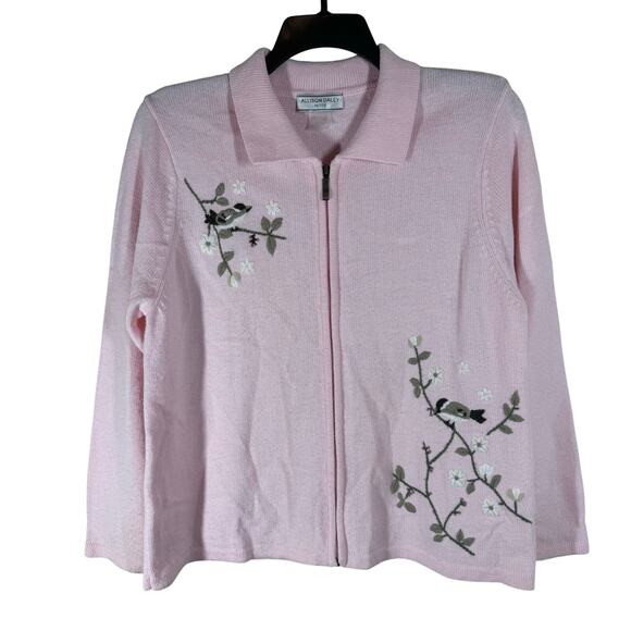 Allison Daley 3-D Knit Floral Bird Full Zip Sweater‎ Women's Large Petite Granny - Picture 1 of 9